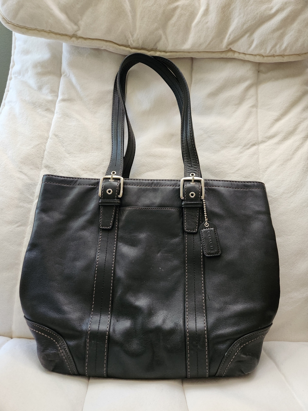 Coach Black Leather Tote with Buckle Straps
